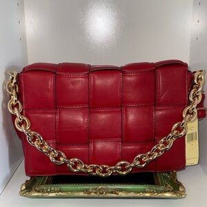 Red Woven Shoulder Bag with Gold Chain